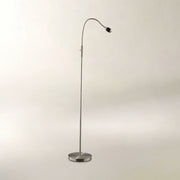 A modern floor lamp with a slim curved neck, a circular base, and a small black globe shade, shown against a plain light gray background.