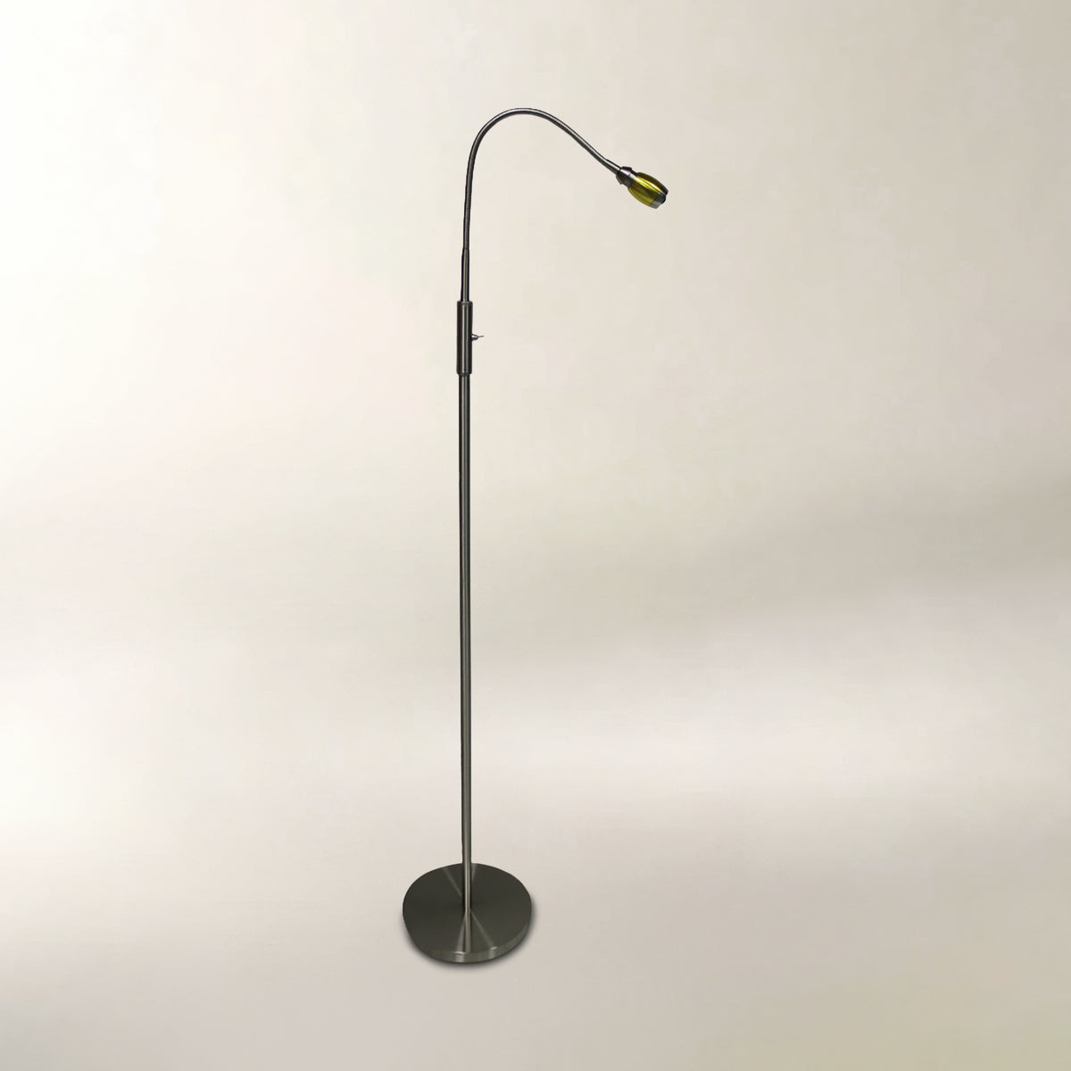 A modern adjustable floor lamp with a slim metallic pole, circular base, and flexible gooseneck arm ending in a small cone shade, shown against a plain light background.