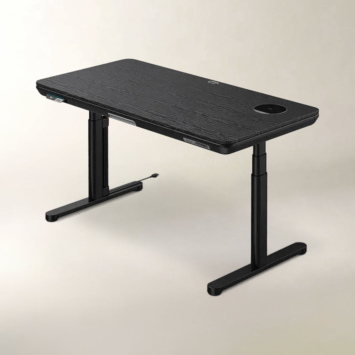 A black adjustable standing desk with a wood-grain textured top, featuring a circular cutout on the right side, shown on a light beige background.