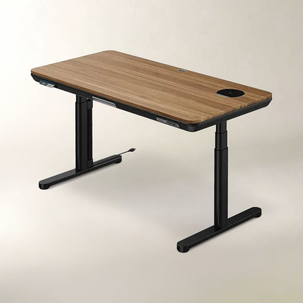 An adjustable standing desk with a medium brown wood grain top and a black metal T-style frame, shown on a neutral beige background.