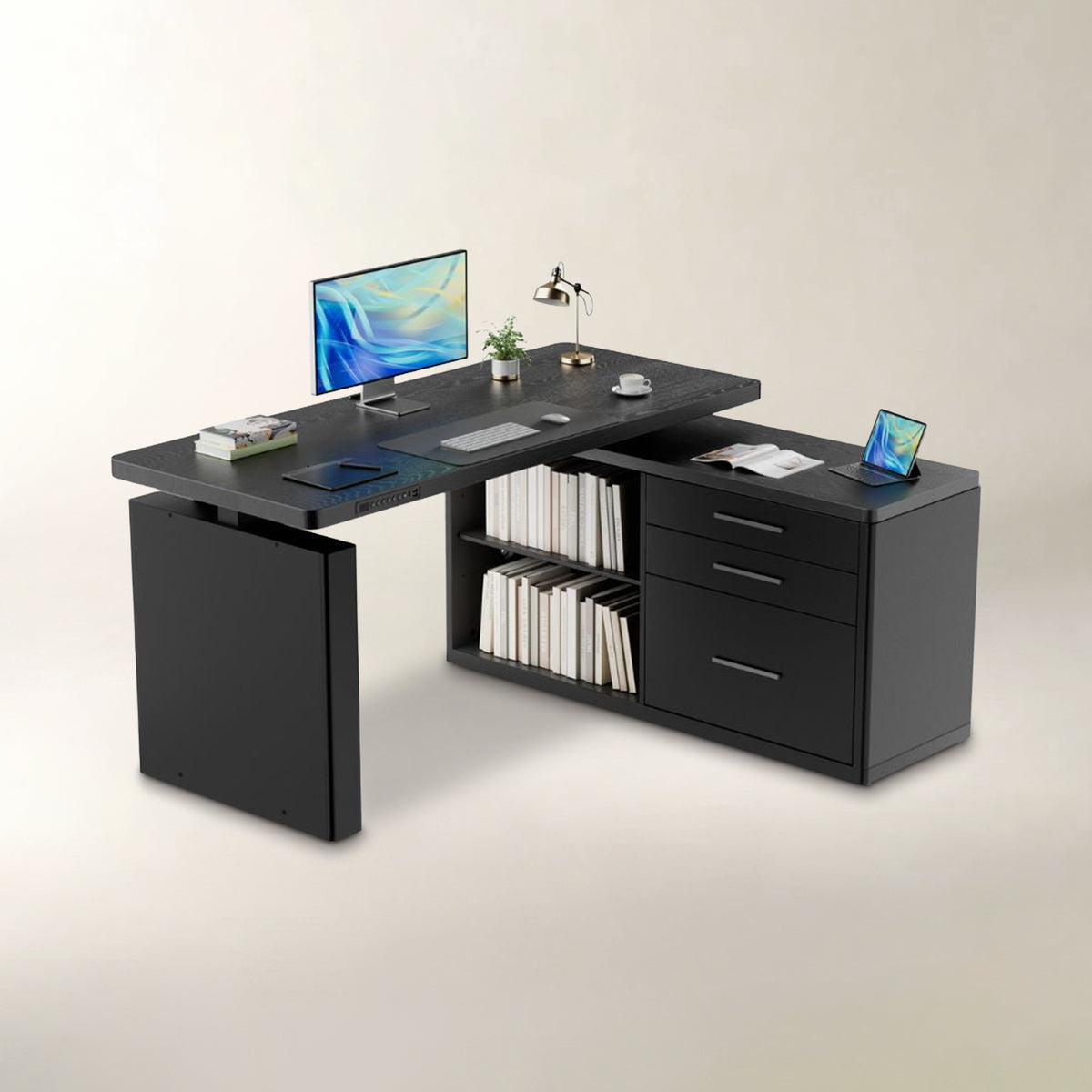 A modern black L-shaped computer desk with a desktop surface, open shelving, and a three-drawer cabinet on the right, styled with office accessories on a light beige background.