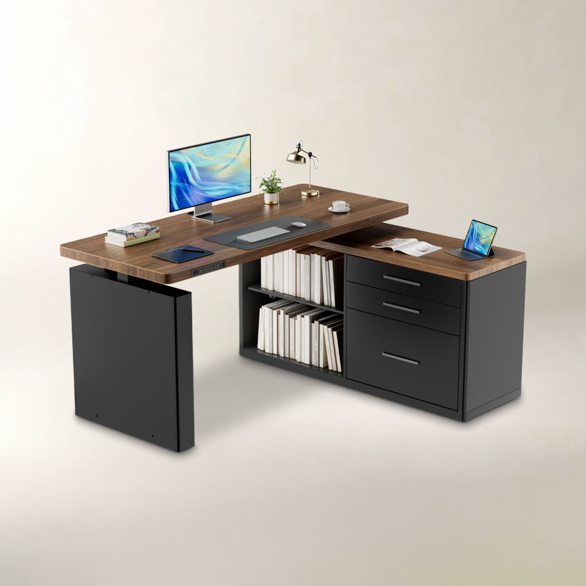 A modern L-shaped computer desk with a dark wood grain top and black metal frame, shown with office accessories on a light beige background.