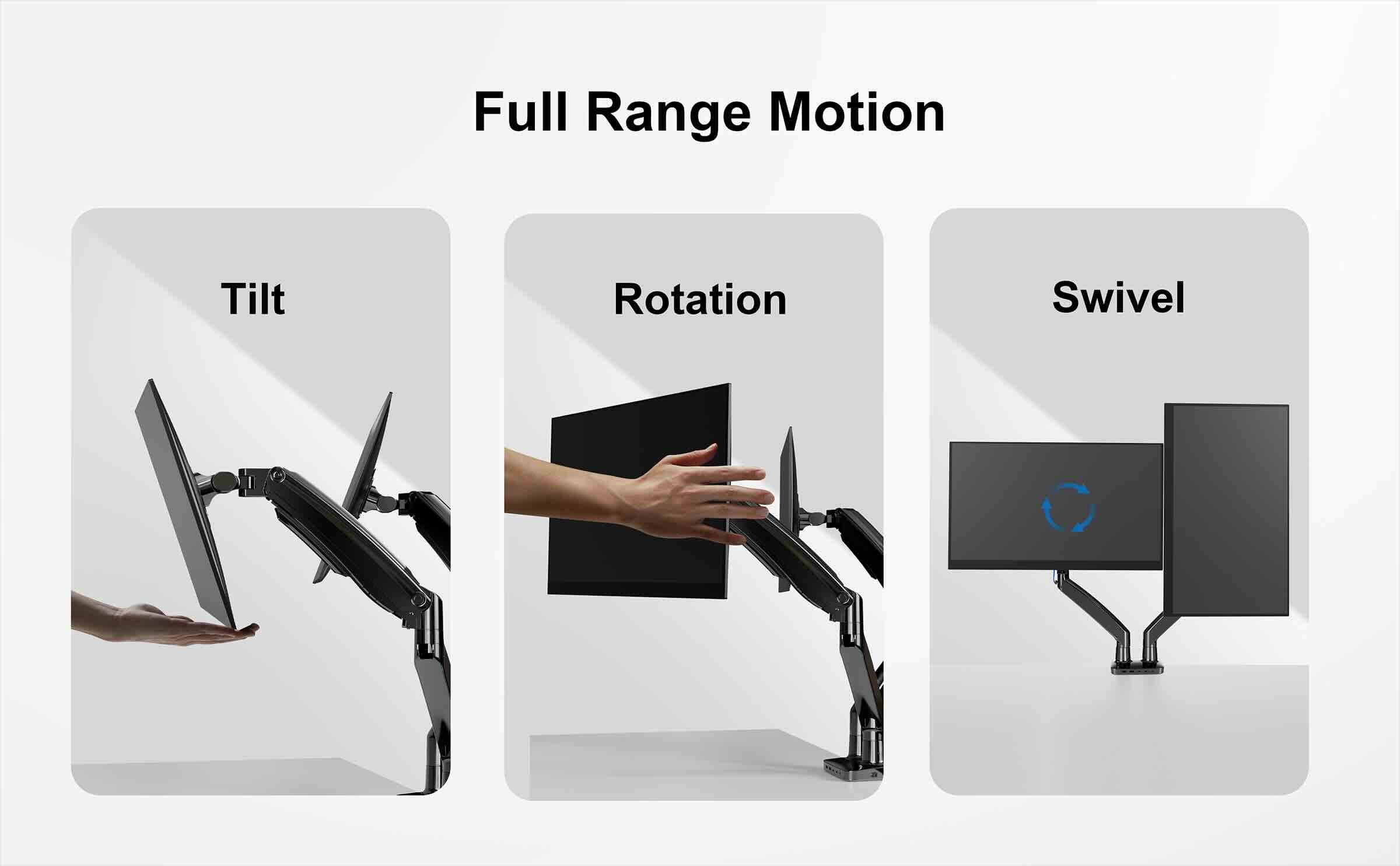 Three panels showing the features of a monitor stand: tilt, rotation, and swivel.