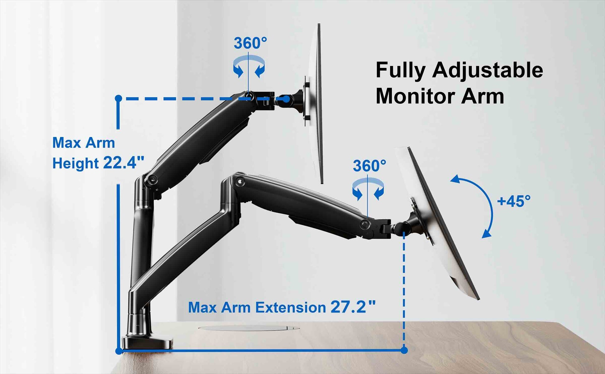 Fully adjustable monitor arm with measurement details on a white background