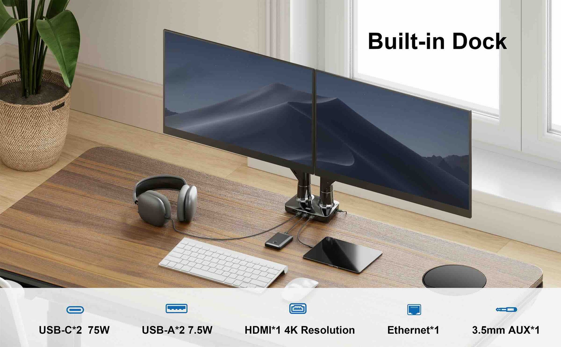 Modern desk setup with a large monitor, keyboard, mouse, and headphones on a wooden surface.