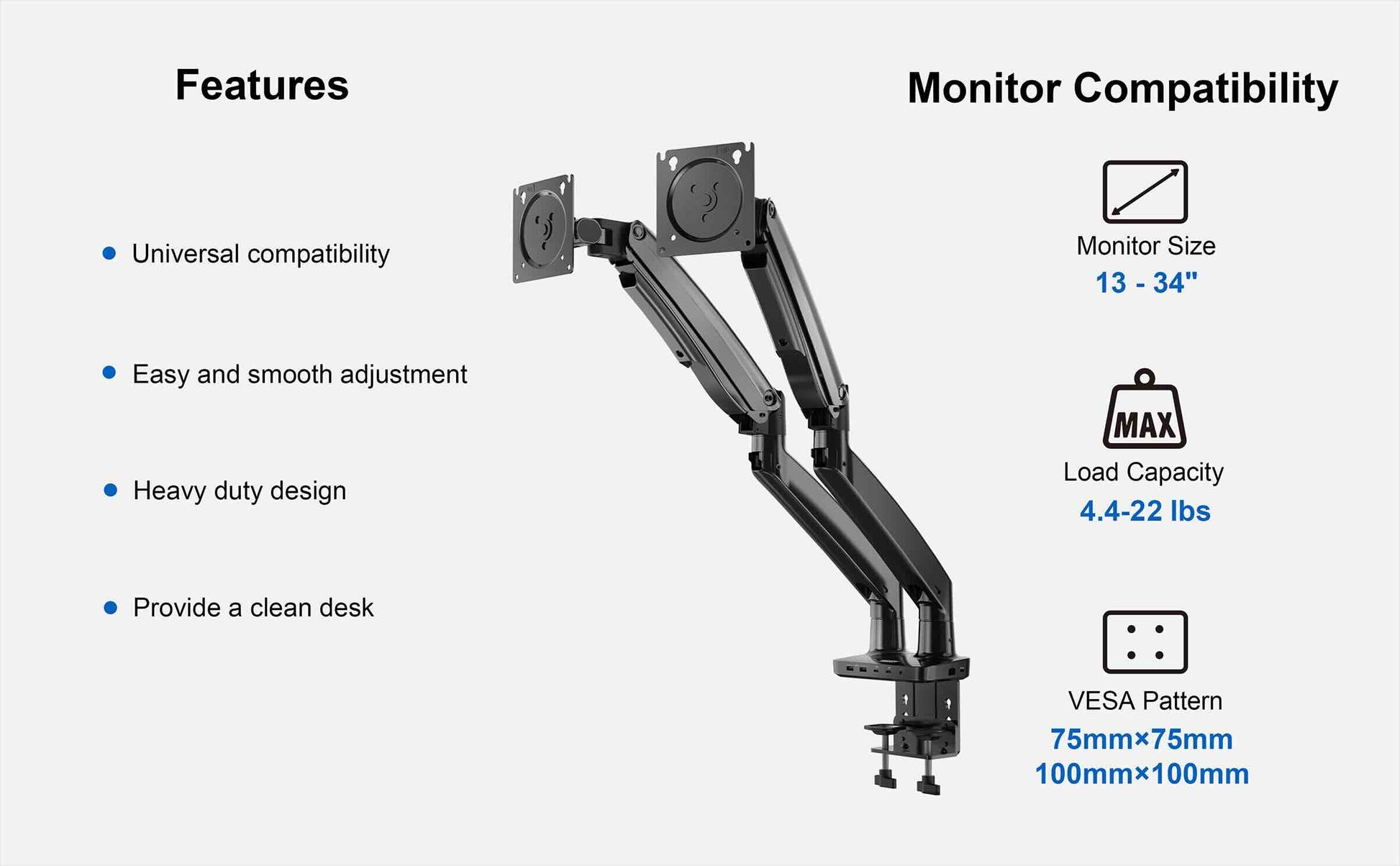 Monitor stand with features and compatibility details on a white background