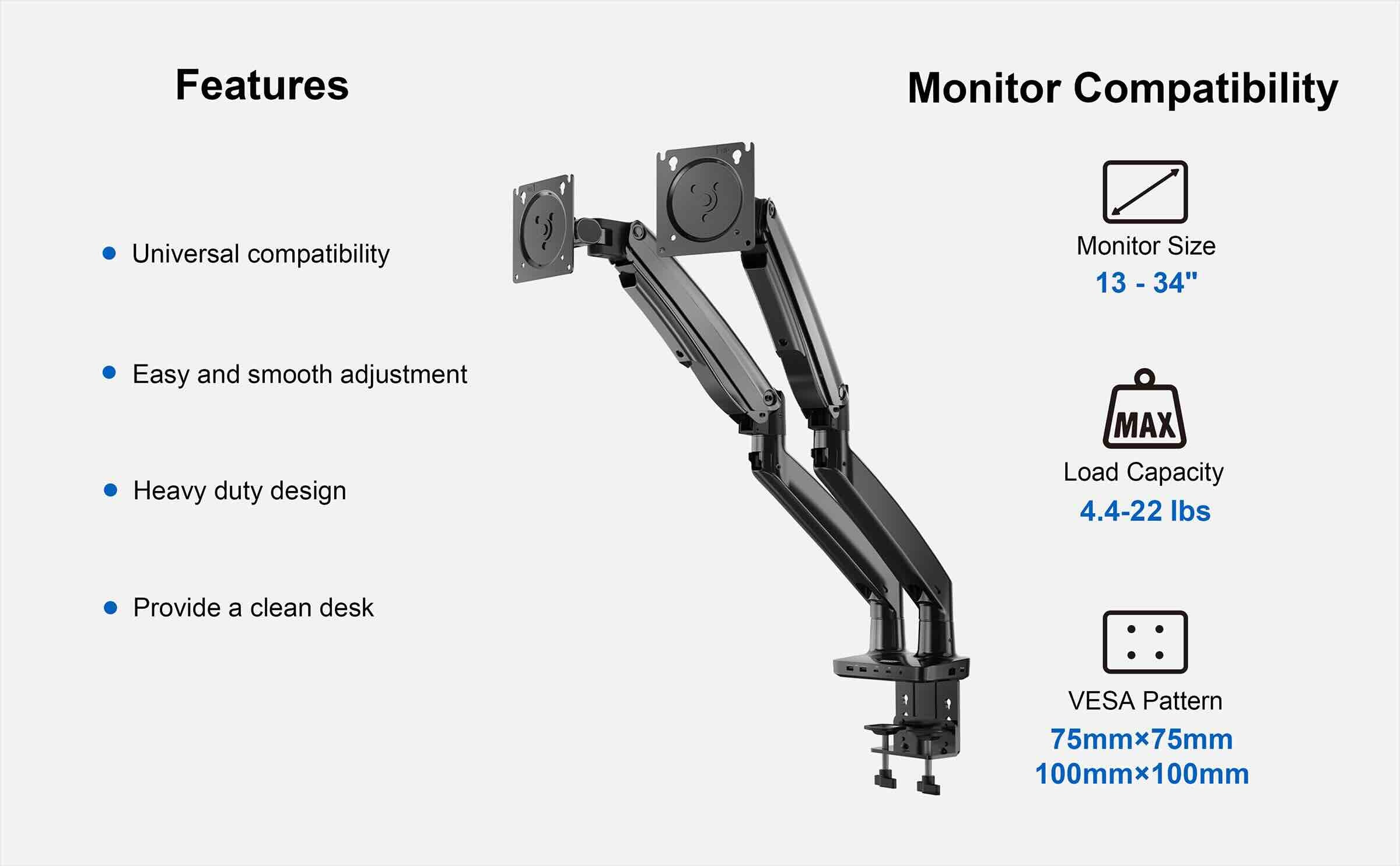 Monitor stand with features and compatibility details on a white background