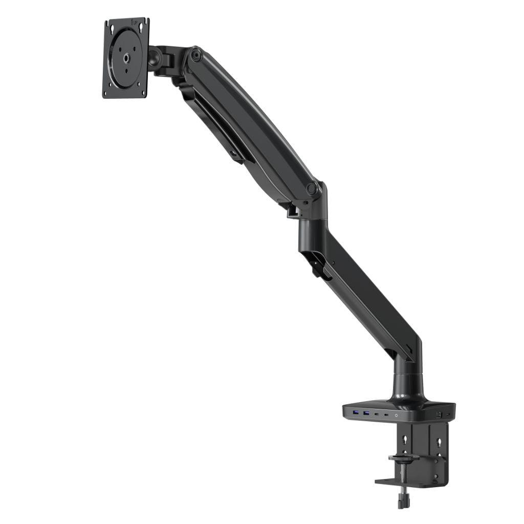 Black adjustable monitor arm on a white background