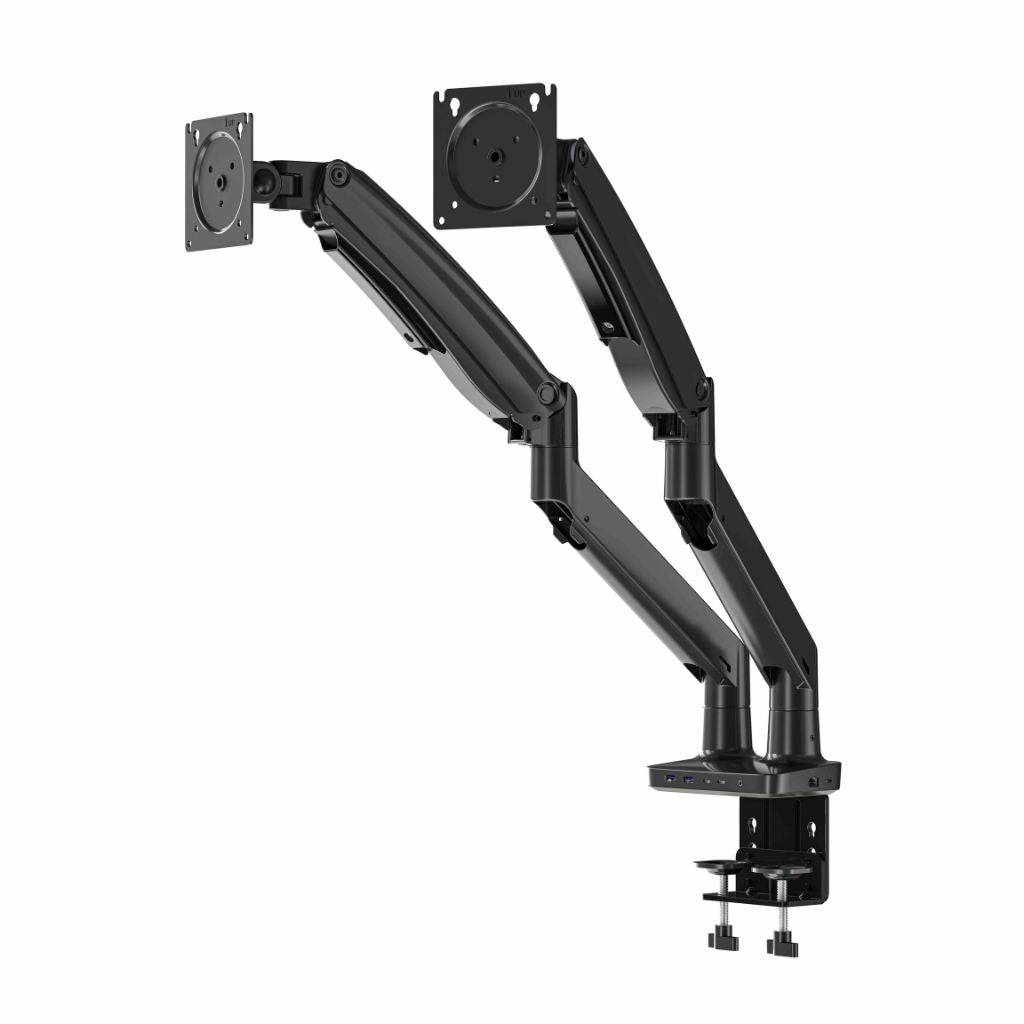 Black dual monitor arm on a white background