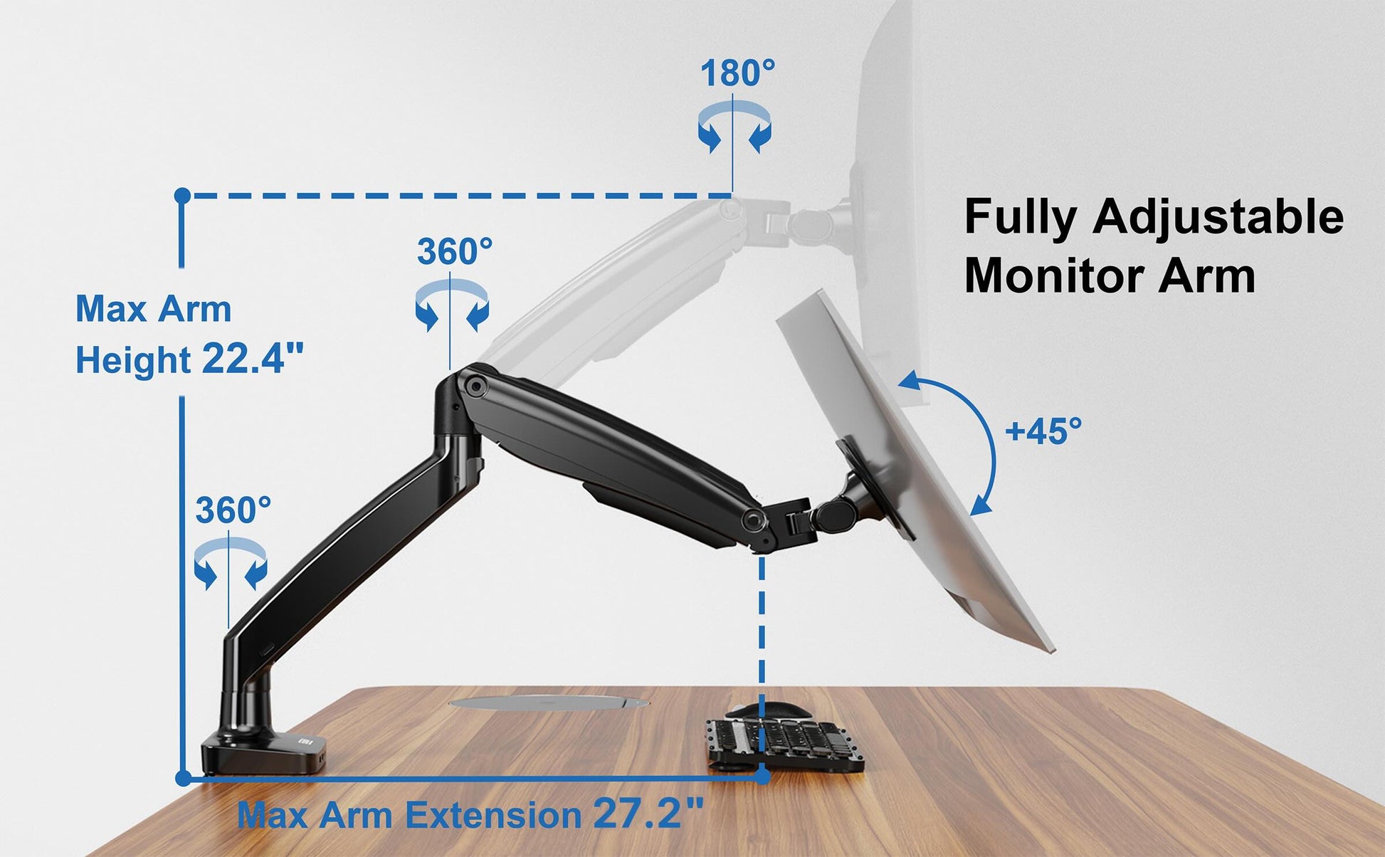Fully adjustable monitor arm with measurements on a white background