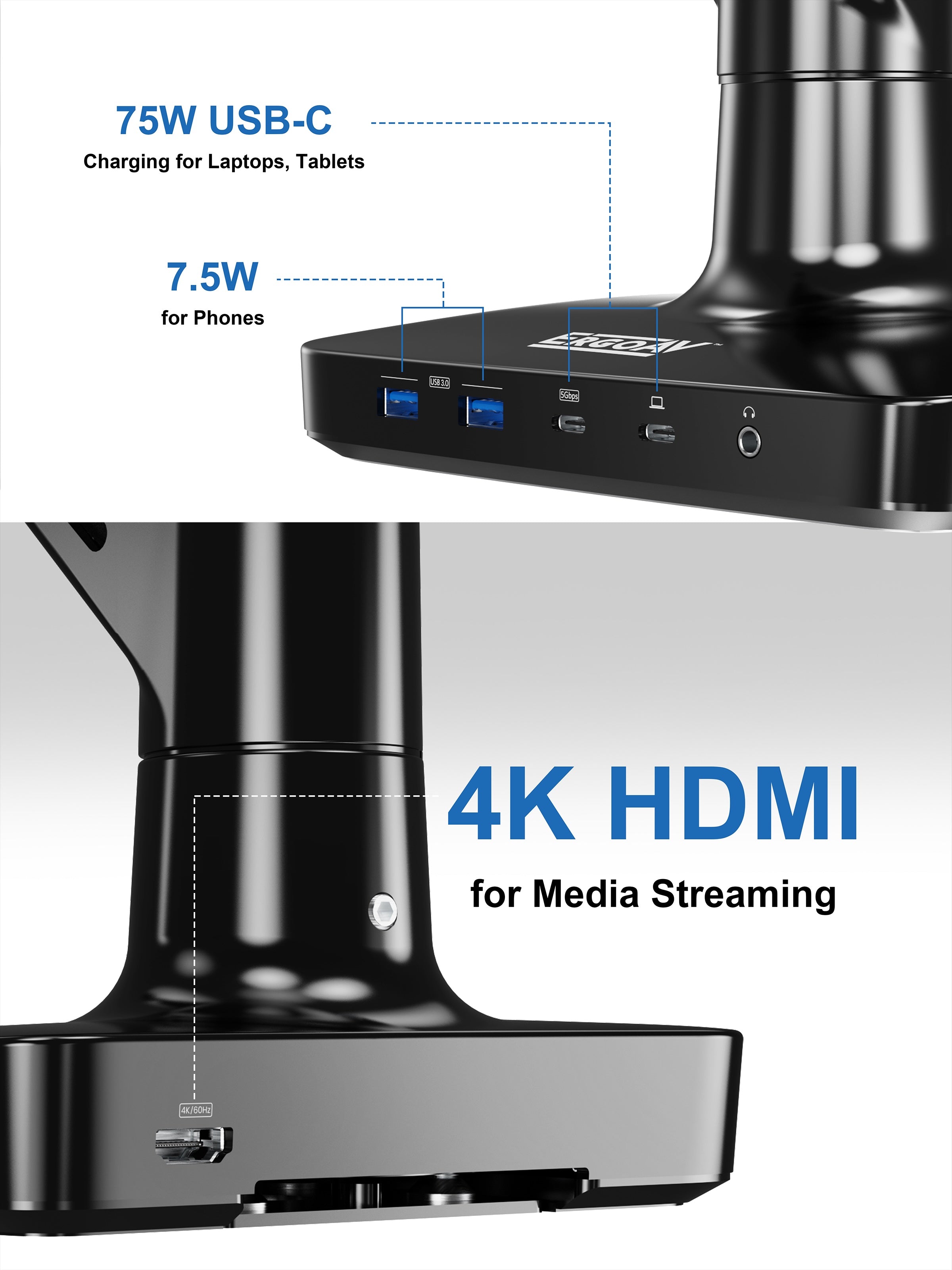 Black electronic device with USB-C and HDMI ports, showing power ratings and connectivity details.