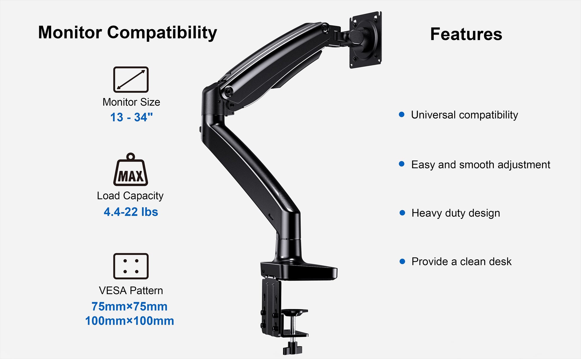 Monitor arm with compatibility and features listed on a white background