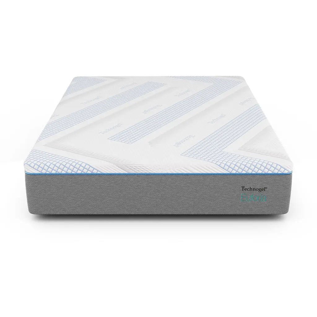 A Technogel® Euforia mattress is shown on a white background, featuring a smooth gray base and a breathable white top cover with blue geometric accents. The design highlights its clean lines and modern aesthetic.