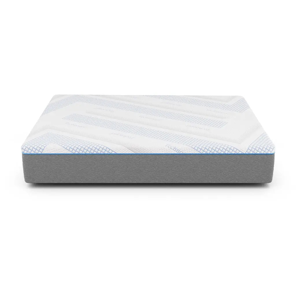 A Technogel® Euforia mattress is shown on a white background, featuring a smooth gray base and a breathable white top cover with blue geometric accents. The design highlights its clean lines and modern aesthetic.
