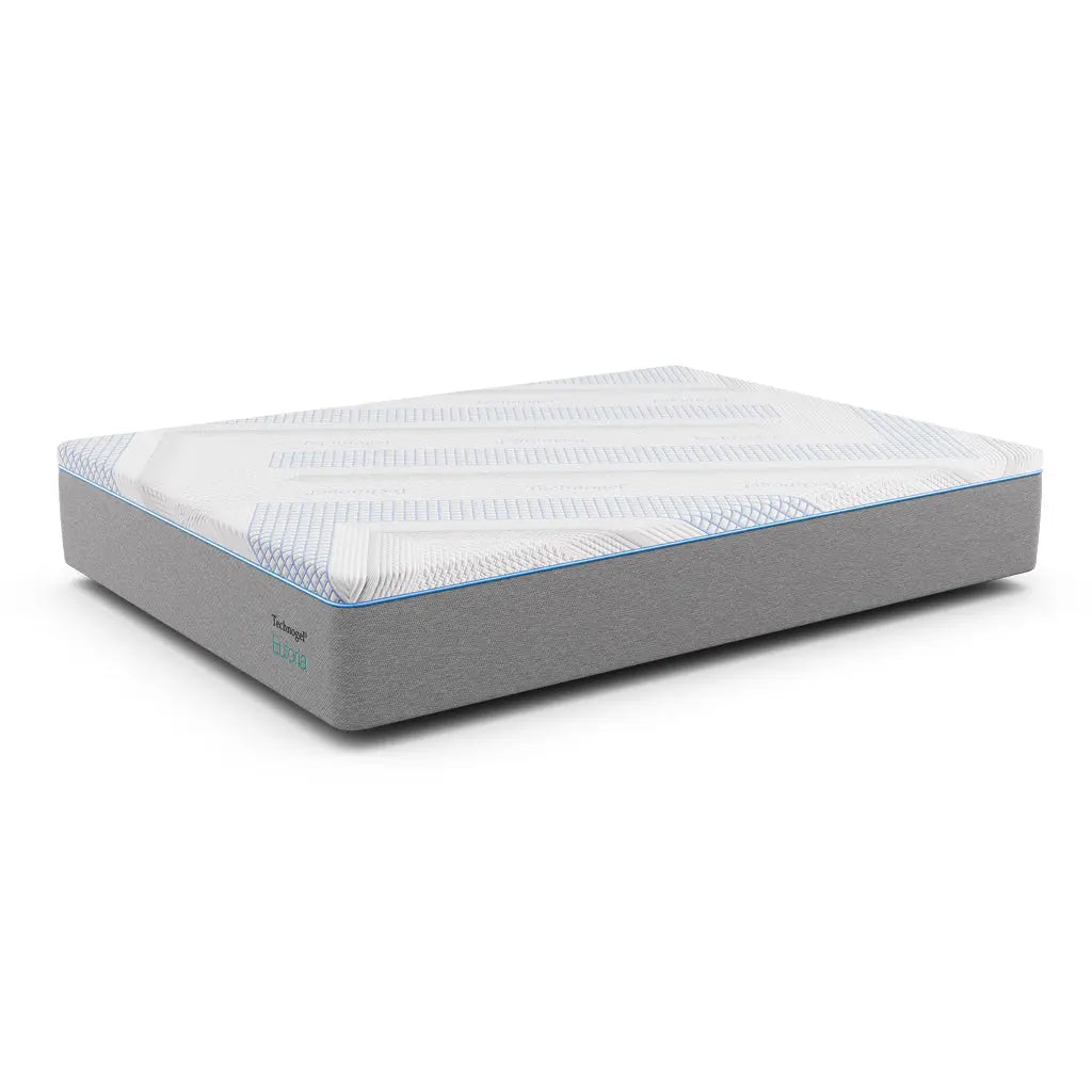 A Technogel® Euforia mattress is shown on a white background, featuring a smooth gray base and a breathable white top cover with blue geometric accents. The design highlights its clean lines and modern aesthetic.
