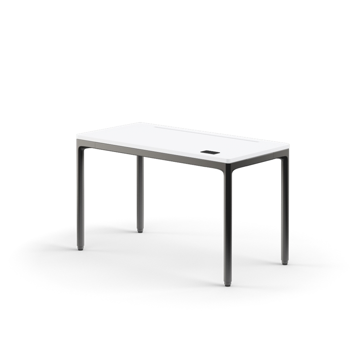 Rectangular table with white top and black legs on a white background