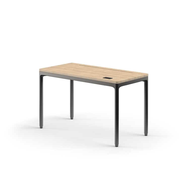 Rectangular table with wooden top and metal legs on a white background