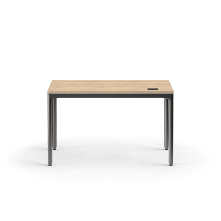Small wooden table with metal legs on a white background