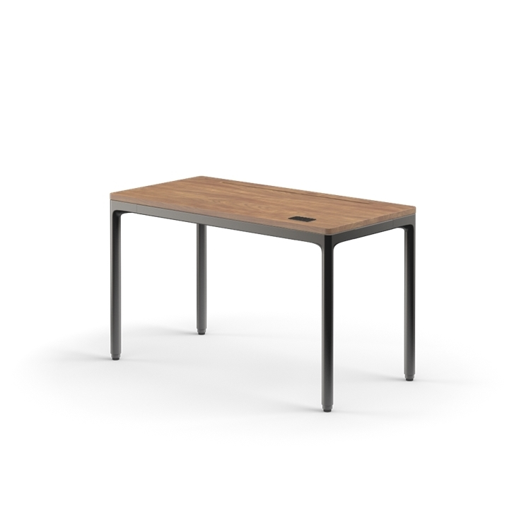 Rectangular table with wooden top and black metal legs on a white background