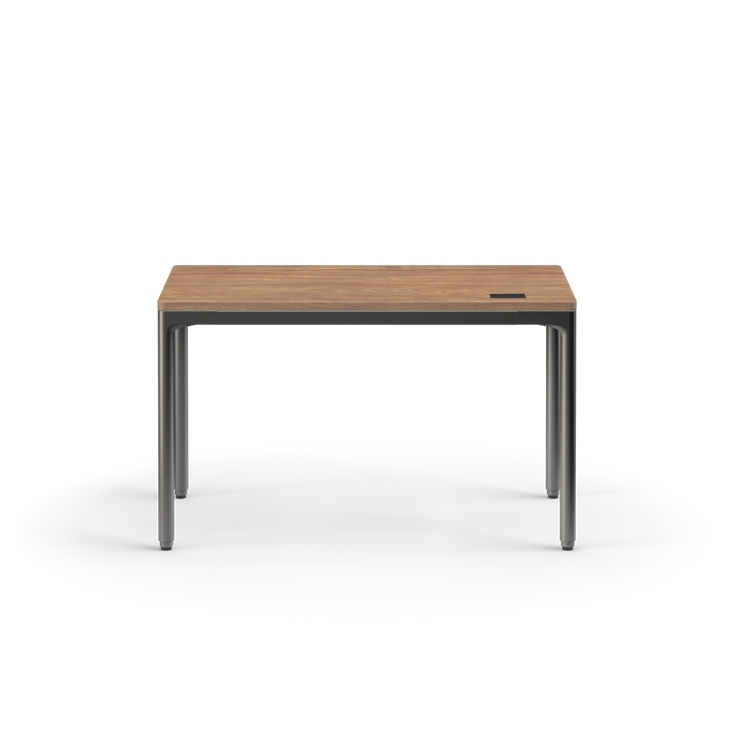 Wooden table with metal legs on a white background