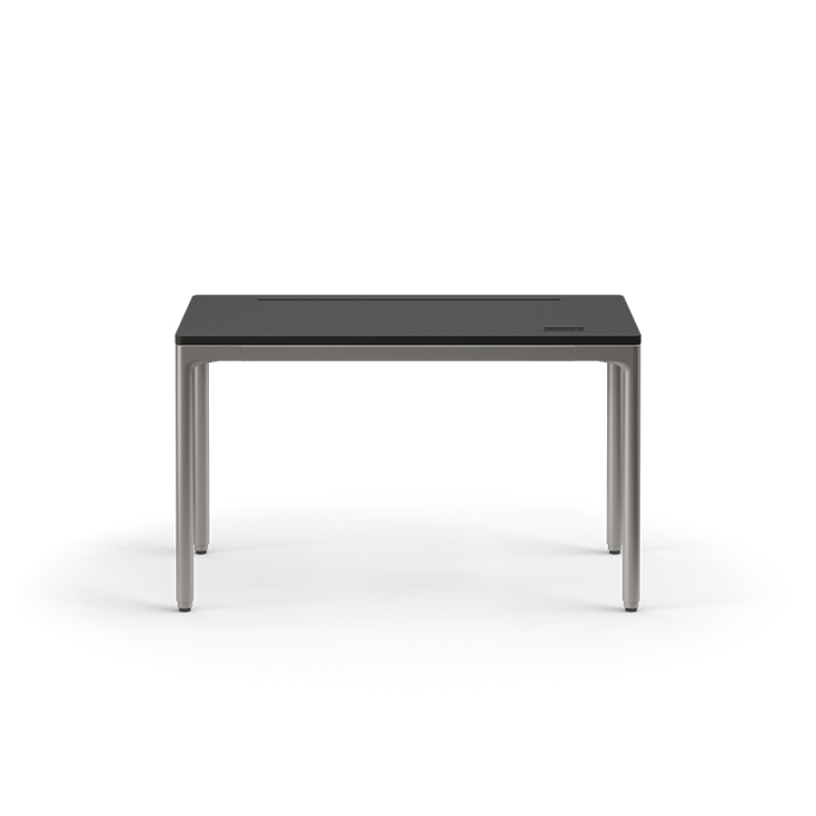 Black rectangular table with metal legs on a white background