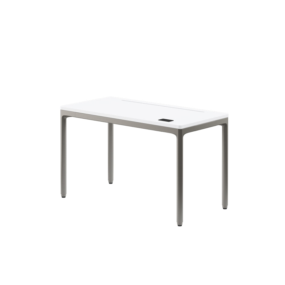 White rectangular table with a black square on a white background