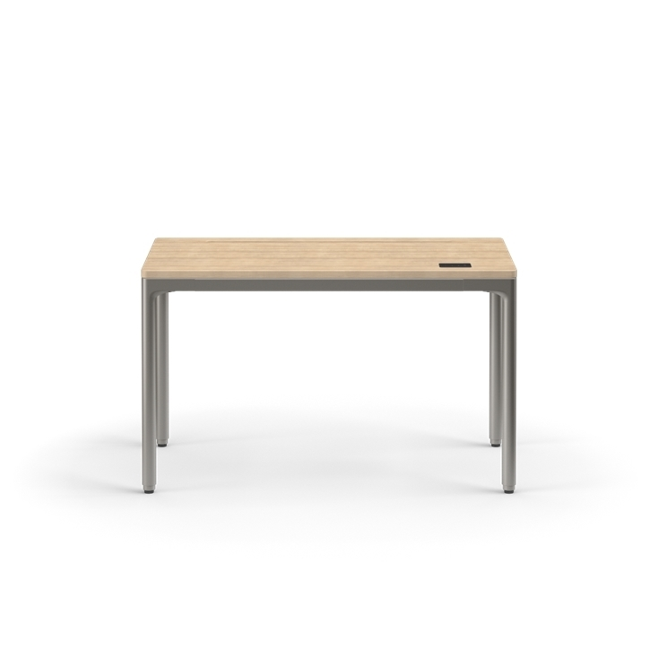 Small wooden table with metal legs on a white background