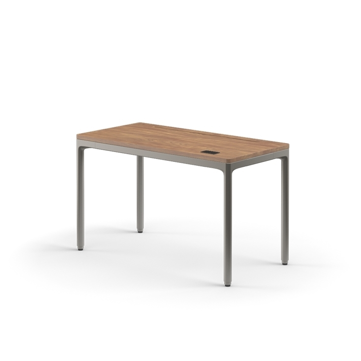 Rectangular table with wooden top and metal legs on a white background