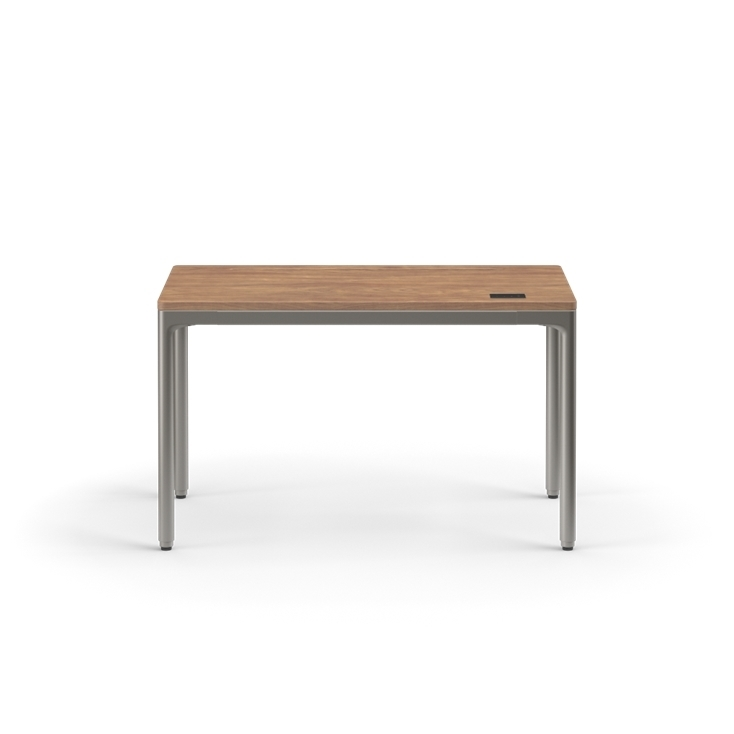 Rectangular table with wooden top and metal legs on a white background
