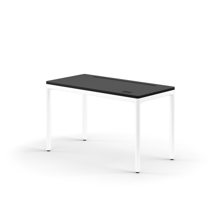 Rectangular black desk with white legs on a white background