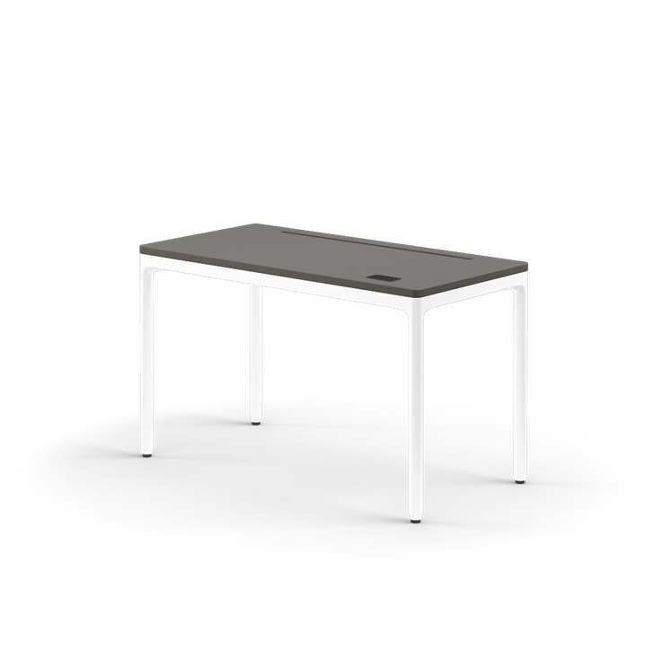 Rectangular desk with a dark surface and white legs on a white background