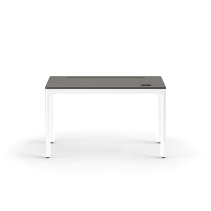 Rectangular desk with a dark surface and white legs on a white background