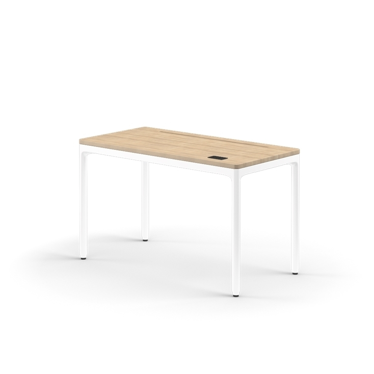 Rectangular table with wooden top and white metal legs on a white background