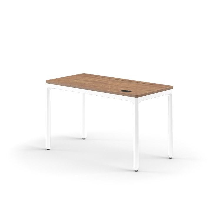 Rectangular table with wooden top and white metal legs on a white background
