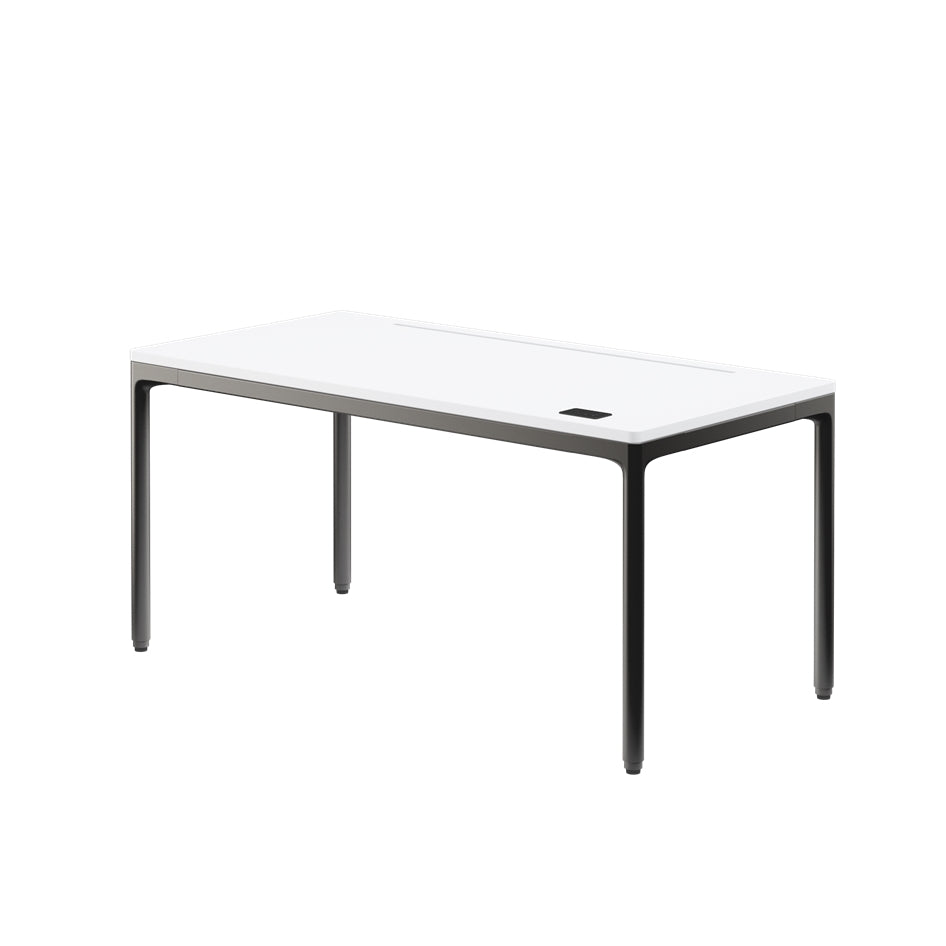 Rectangular table with white top and black metal legs on a white background