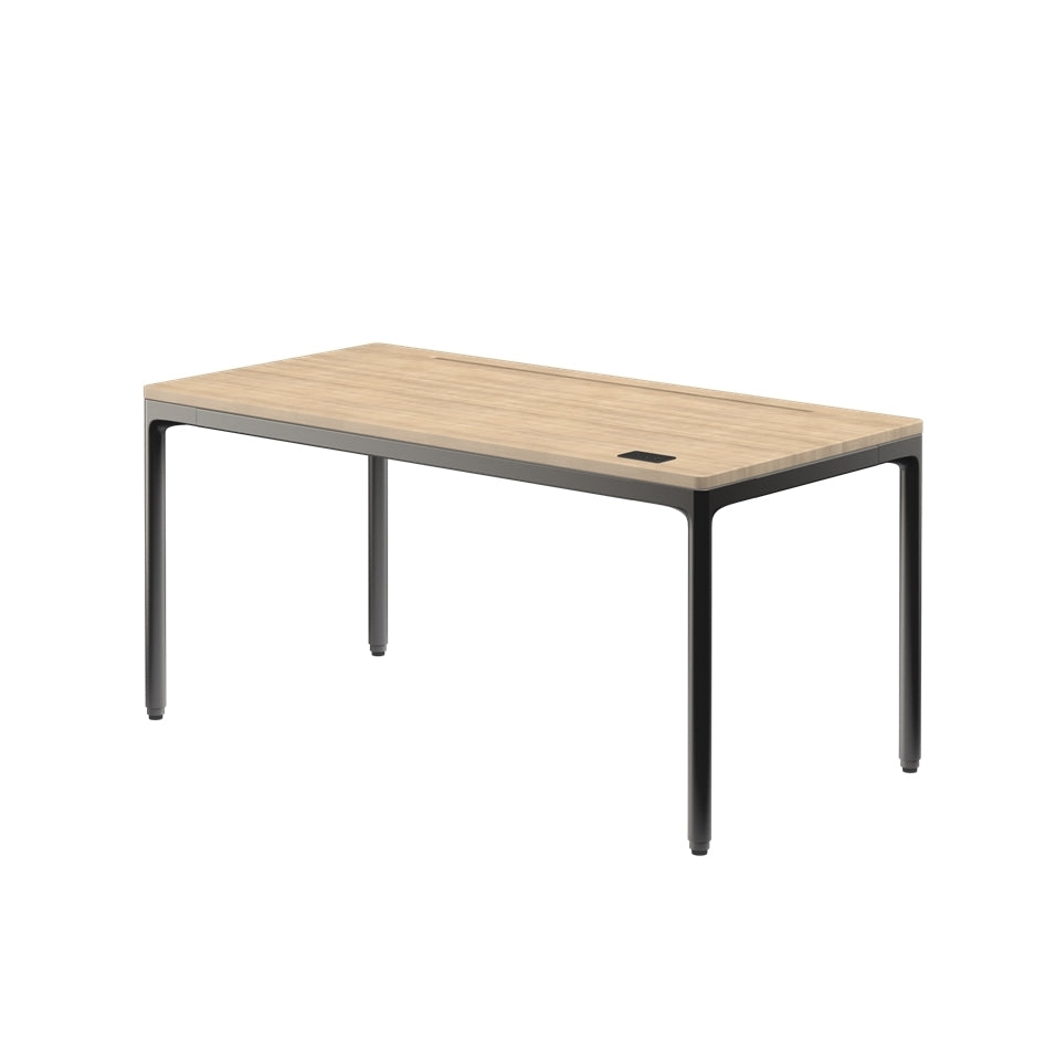 Rectangular table with wooden top and black metal legs on a white background