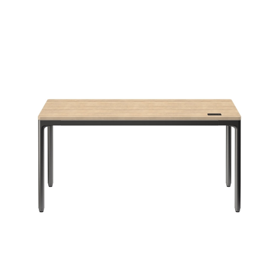Rectangular table with wooden top and black metal legs on a white background