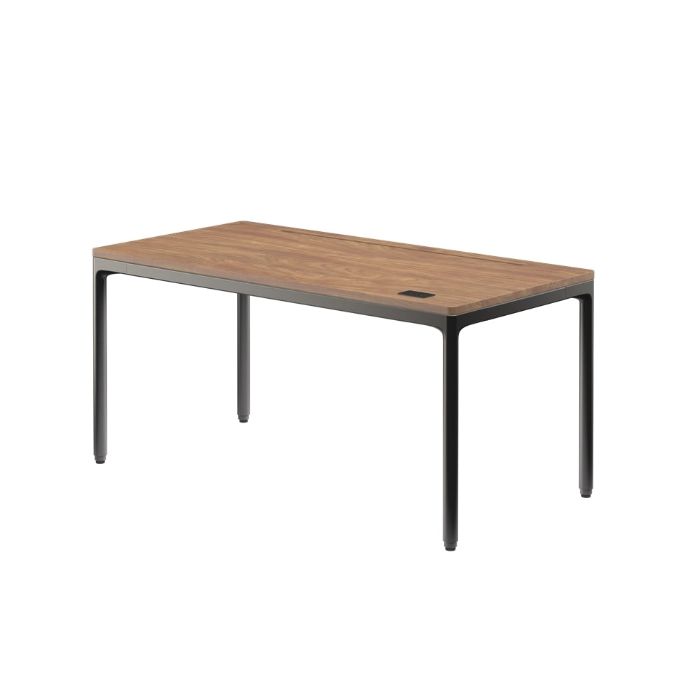 Rectangular table with wooden top and black metal legs on a white background