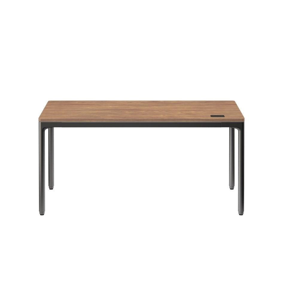 Wooden table with black metal legs on a white background