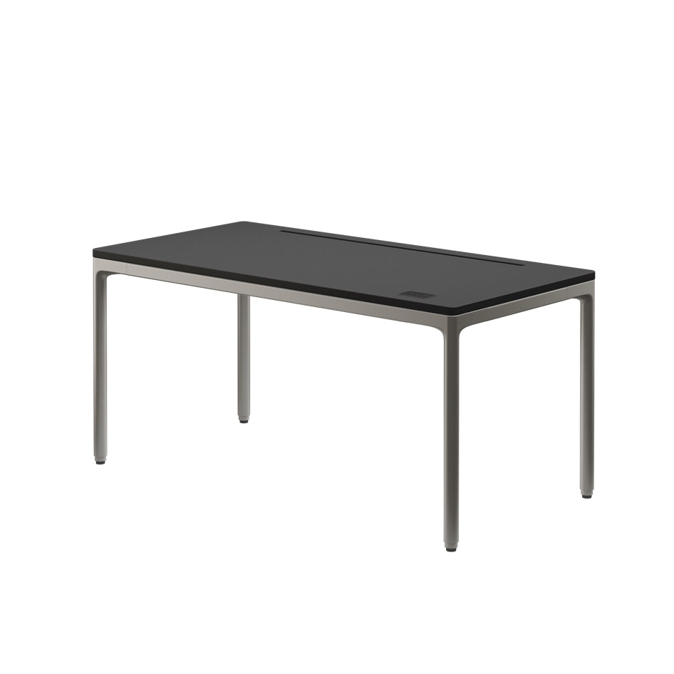 Black glass table with metal frame on a white background