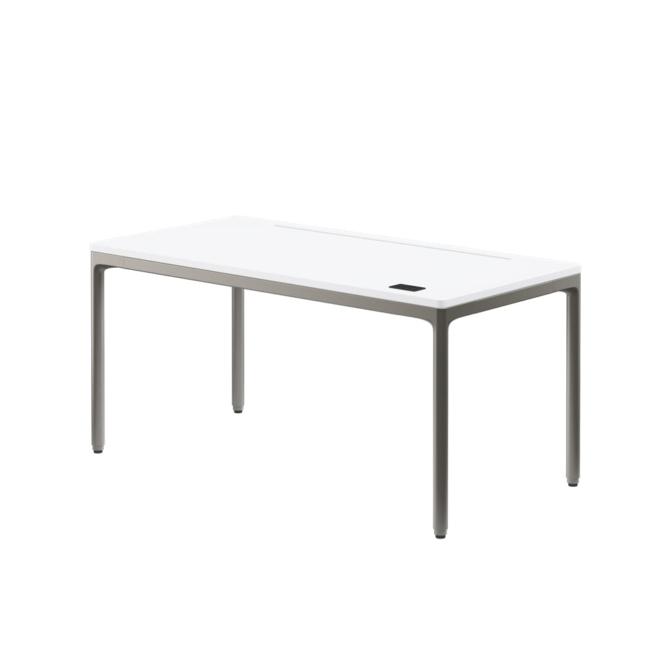 Rectangular table with white top and black metal legs on a white background