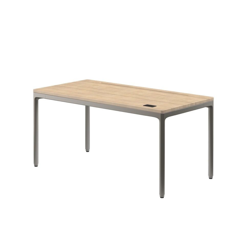 Rectangular table with wooden top and metal legs on a white background