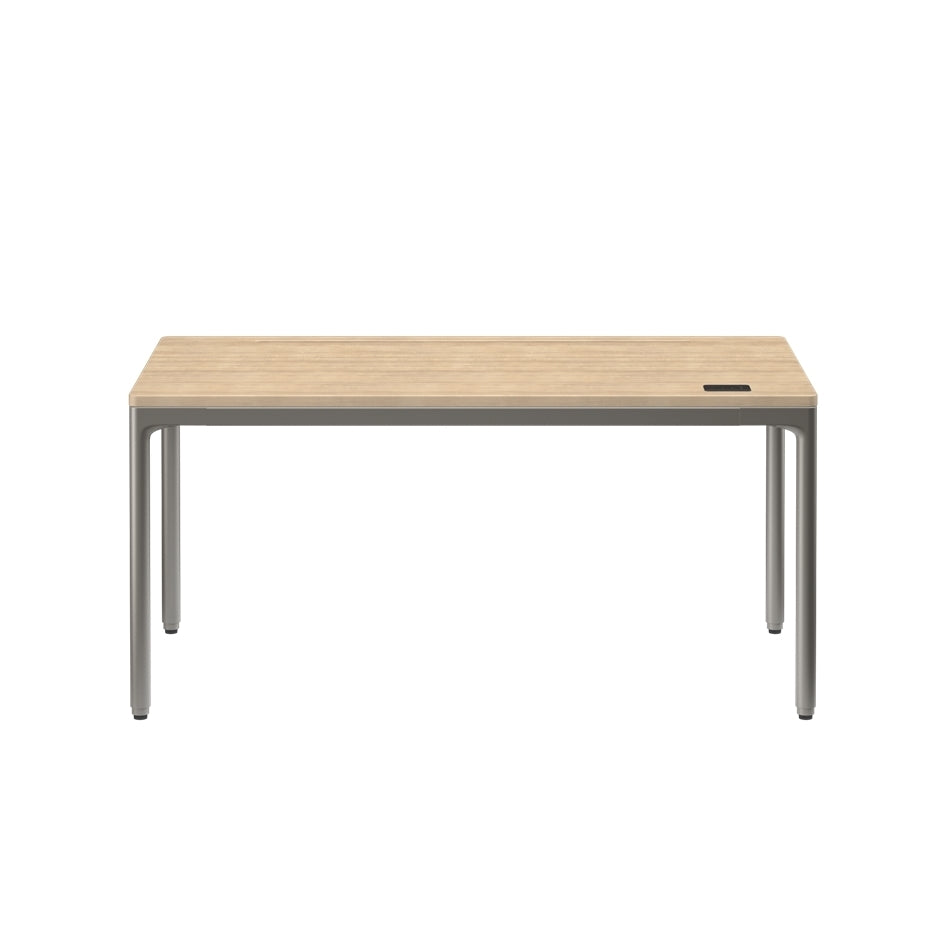 Rectangular table with wooden top and metal legs on a white background