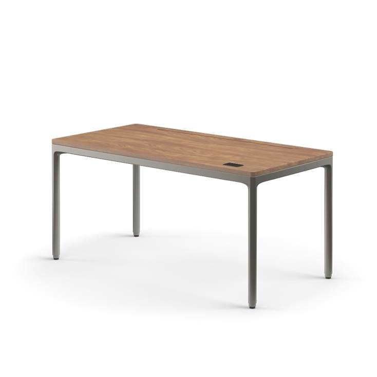Rectangular table with wooden top and metal legs on a white background