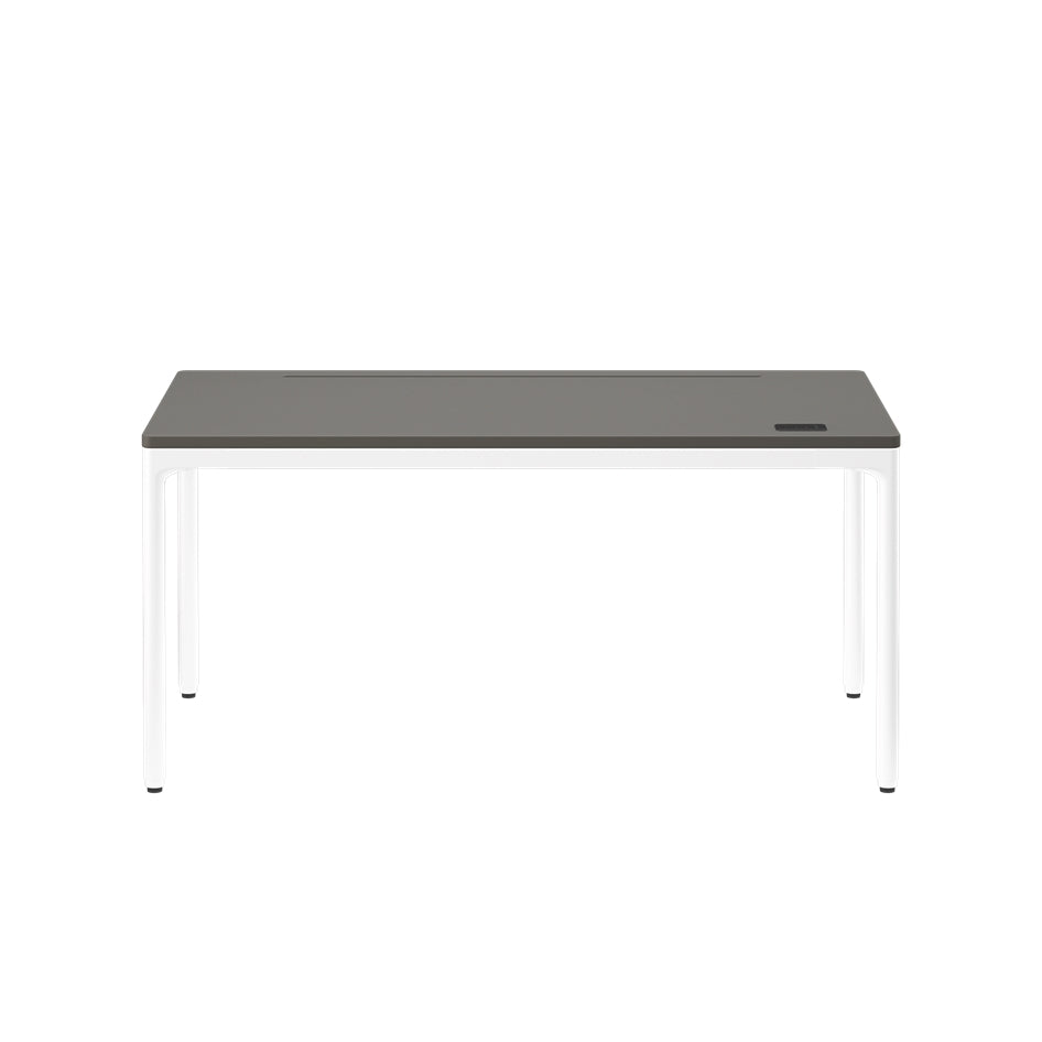 Rectangular desk with a gray top and white legs on a white background