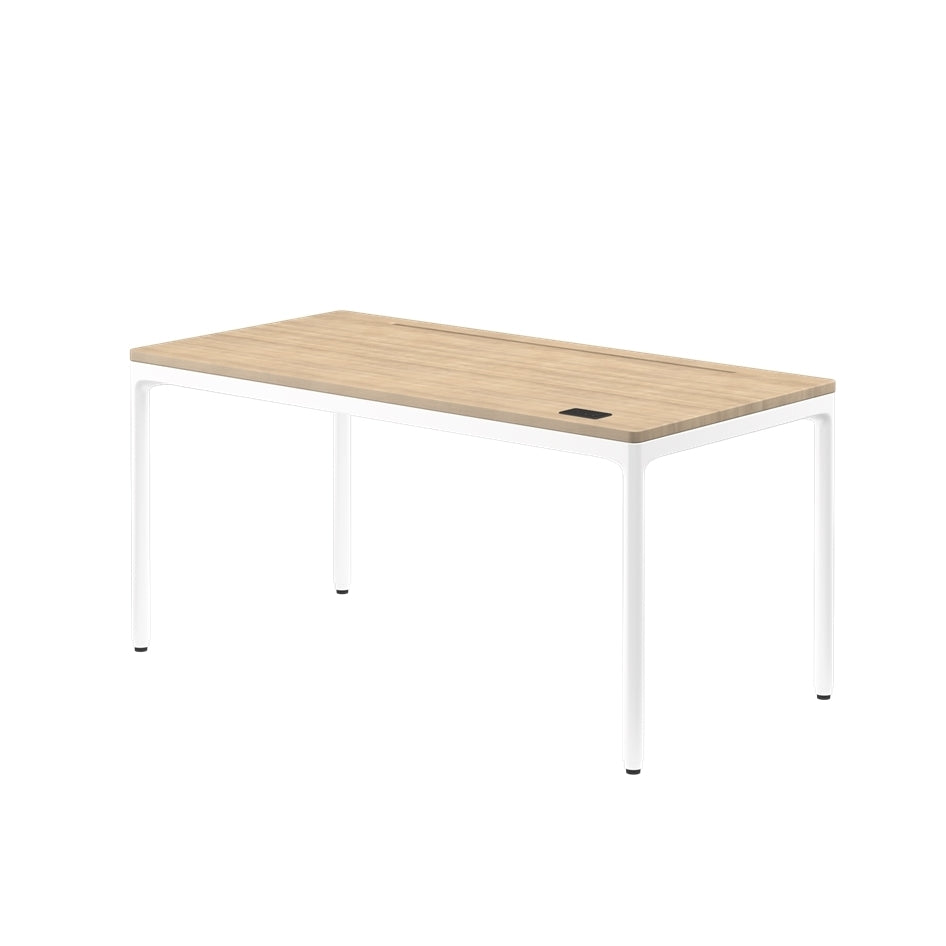 Rectangular wooden table with white legs on a white background