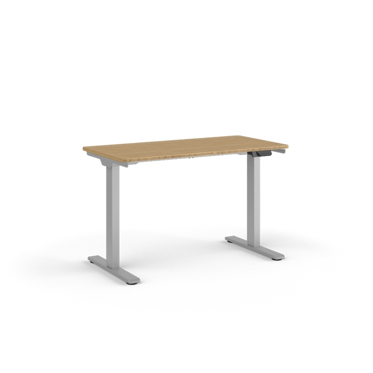 Wooden desk with silver metal legs on a white background