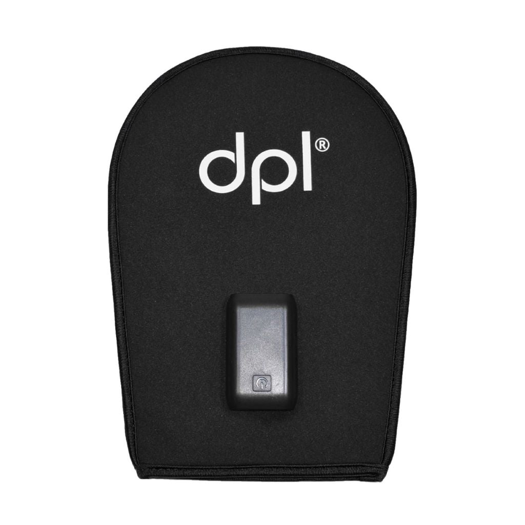 A black neoprene DPL red light therapy hand mitt with a white printed logo 'dpl' and a central battery, shown against a plain white background.