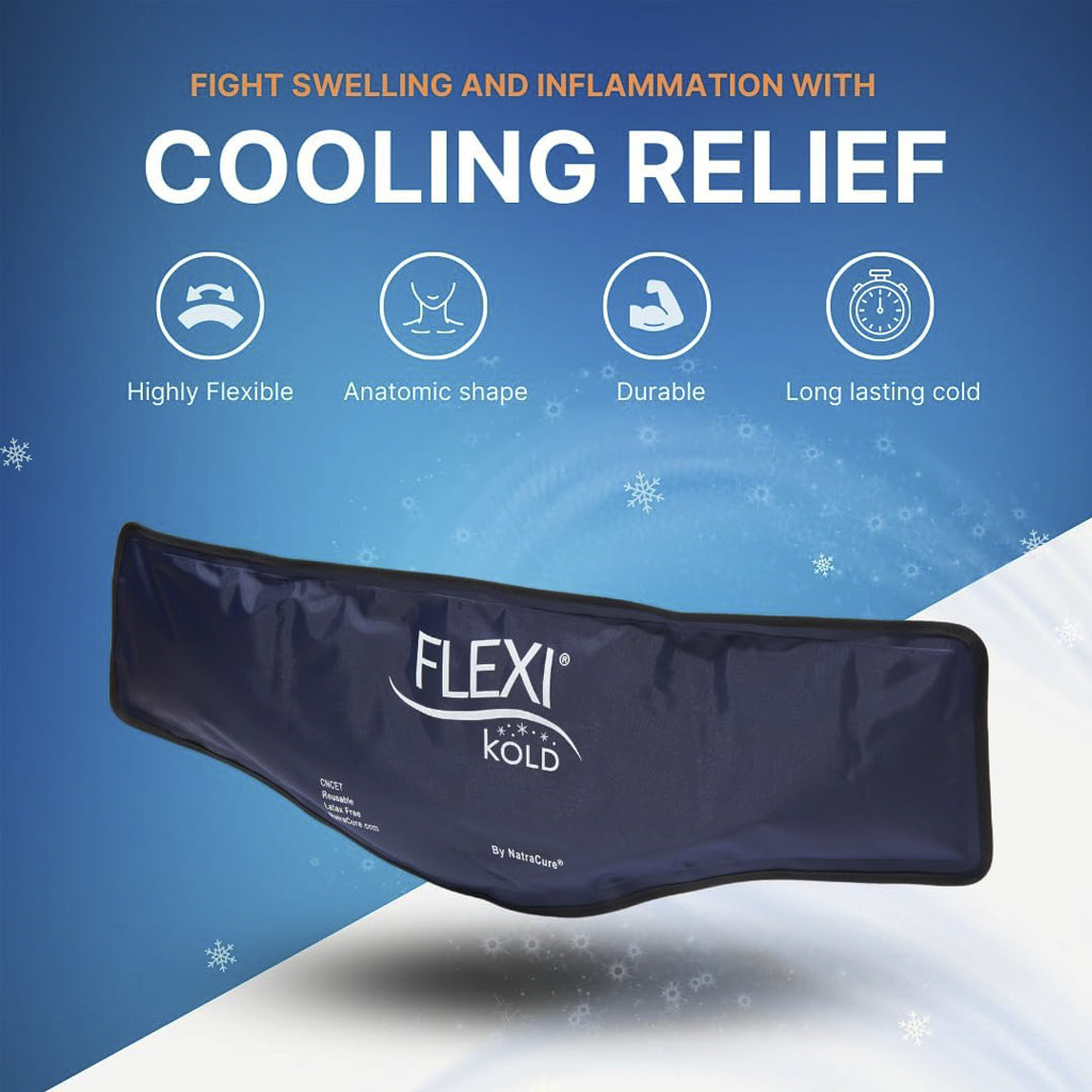 Flexi Kold cooling relief product with features on a blue background