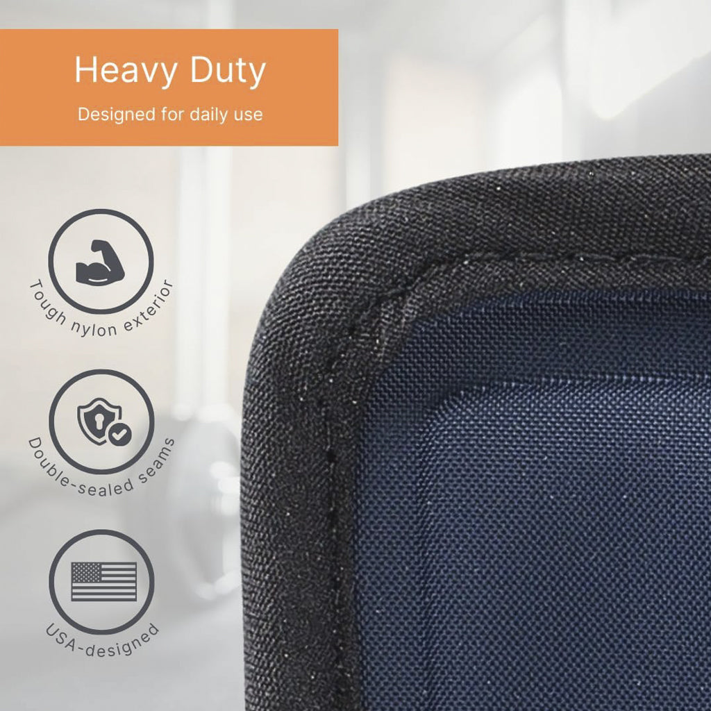 Navy blue bag with 'Heavy Duty' label and features on a white background